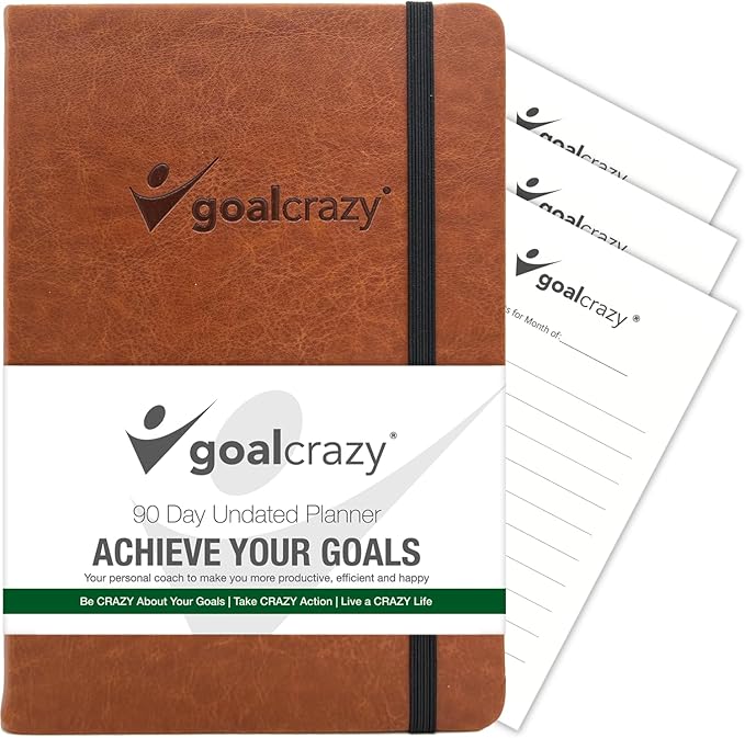 Undated Planner - 90 Day Guided Journal, 2025 2026 Weekly Organization, Productivity Habit Tracker, Inspirational, Life Setting, Brown Leather, Almond Pages
