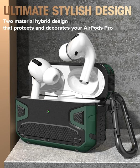 Koaichi Compatible with AirPods Pro(2nd Generation/1st Generation), Full-Body Rugged Hard Shell Protective Case Cover with Keychain Designed for AirPods Pro (2022/2019), Black/Green