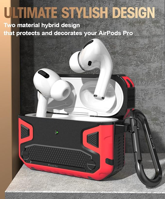 Koaichi Compatible with AirPods Pro(2nd Generation/1st Generation), Full-Body Rugged Hard Shell Protective Case Cover with Keychain Designed for AirPods Pro (2022/2019), Black/Red