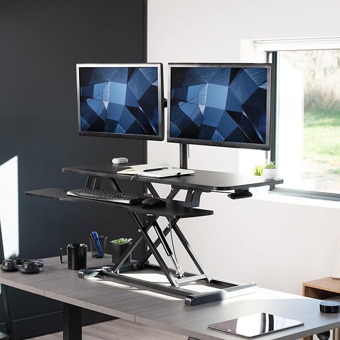 VIVO Height Adjustable 42 inch Standing Desk Converter with Dual 13 to 30 inch Monitor Stand, Sit Stand Monitor Mount and Desk Riser, Black, DESK-V042KB-M2