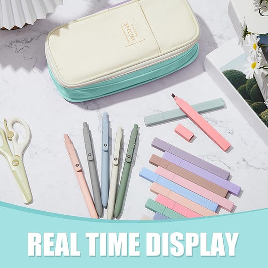 Henoyso 18 Set Aesthetic School Supplies Include Big Capacity Study Pen Bag with Zipper 12 Pcs Chisel Tip Bible Highlighters 5 Pcs Quick Dry Retractable Black Ink Pens for Student Office(Light Green)