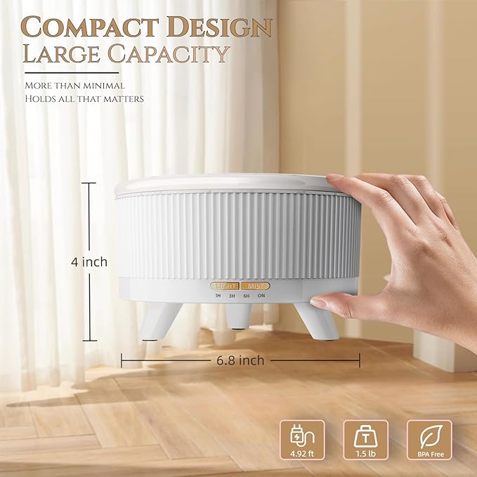 500ML Large Capacity Essential Oil Diffuser, Ultrasonic Aromatherapy Diffuser with 7 Color LED Lights with Remote Control, Cool Mist Humidifier, Timed Mist, Auto Shut-Off (Minimalist White)
