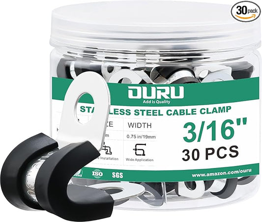 30pcs 3/16 Inch Cable Clamp,304 Stainless Steel Rubber Coated Cushioned Insulated Cable Clamps-Metal Wire Clamps,Pipe Clamps for Tube,Lines(Black,5mm)