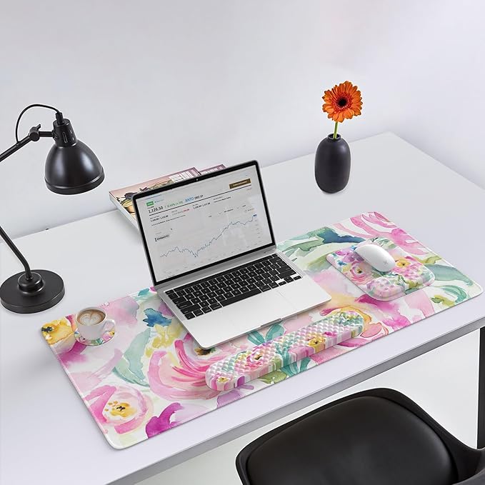 HAOCOO Mouse Pad with Wrist Rest, Large Desk Mat, Ergonomic Keyboard Wrist Support, 4pcs Computer Desk Pad Set with Coaster, Memory Foam Gaming Mousepad for Laptop Girls, Pink Floral