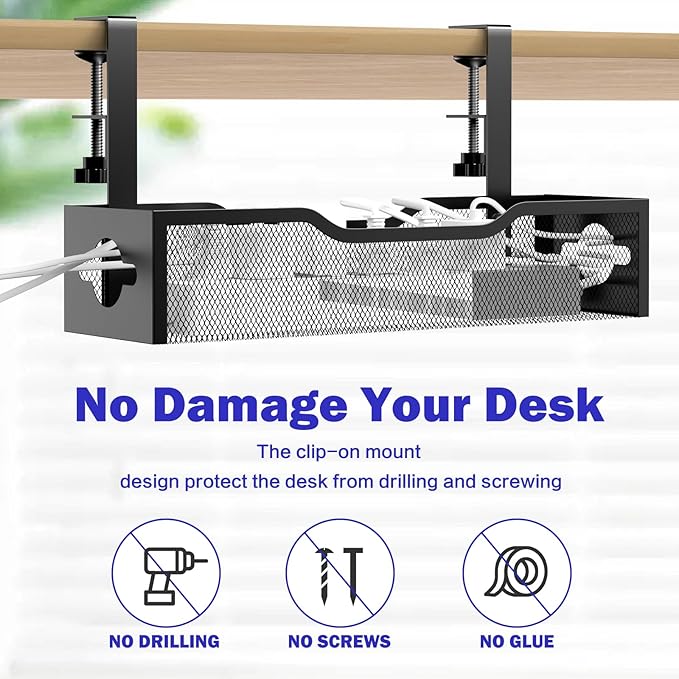 Under Desk Cable Management Tray 25.12", Extra Large Cable Management No Drill, Extended Cord Organizer with Adjustable Clamps, White