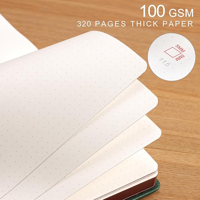AHGXG Thick Journal Dotted Notebook for Men - 320 Numbered Pages A5 Notebook for Writing, 100gsm Dot Paper, Vintage Leather Hardcover, for Women Work Office School, 5.75'' X 8.38''- Dark Green