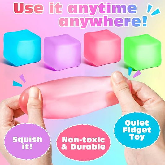 4 Pack Stress Cube, Slow Rising Ice Cube Stress Balls for Adults Kids, Sensory Fidget Toy for Anxiety Relief, Square Shape Squishy Balls for Classroom Prizes, Nice Cube Squishy for Party Favors