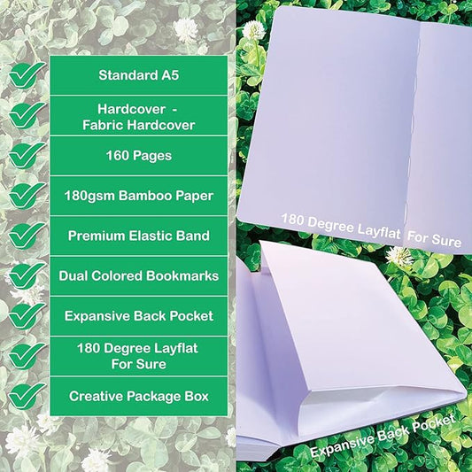 BUKE A5 Size Dotted Notebook Dot Grid Journal 180Gsm Bamboo White Supper Thick Paper, 5 * 5MM Dot Grid 160 Pages, Colored Silver Edges, Waterproof Fabric Hardcover