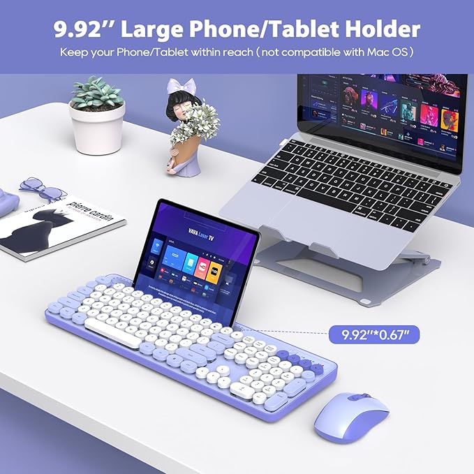 Wireless Keyboard and Mouse Combo, Retro Round Keycaps, Cute Full-Size Typewriter Keyboard with Phone Holder, Sleep Mode, Click Soft, 2.4GHz Cordless Connection for Windows/PC/Laptop (Purple-Colorful)