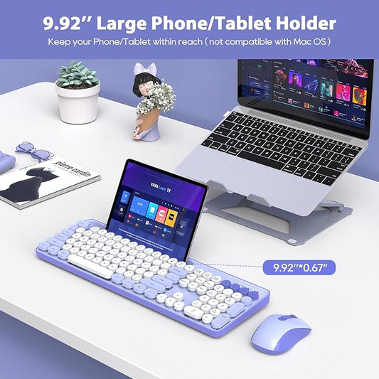 Wireless Keyboard and Mouse Combo, Retro Round Keycaps, Cute Full-Size Typewriter Keyboard with Phone Holder, Sleep Mode, Click Soft, 2.4GHz Cordless Connection for Windows/PC/Laptop (Purple-Colorful)