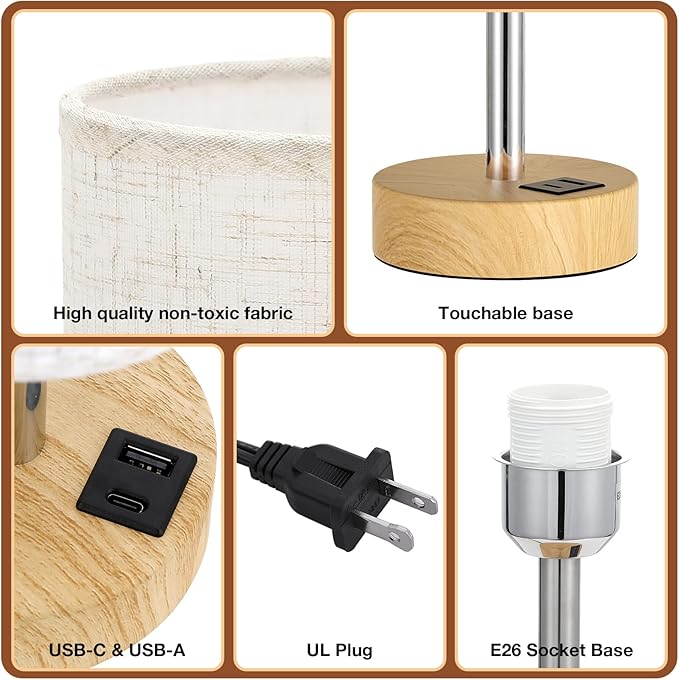 Touch Bedside Table Lamp with USB - 3 Way Dimmable Wood Lamp for Bedroom Nightstand, Desk Lamp with Charging Station for Dorm, Living Room, Office, Kids Room, Nursery, Small