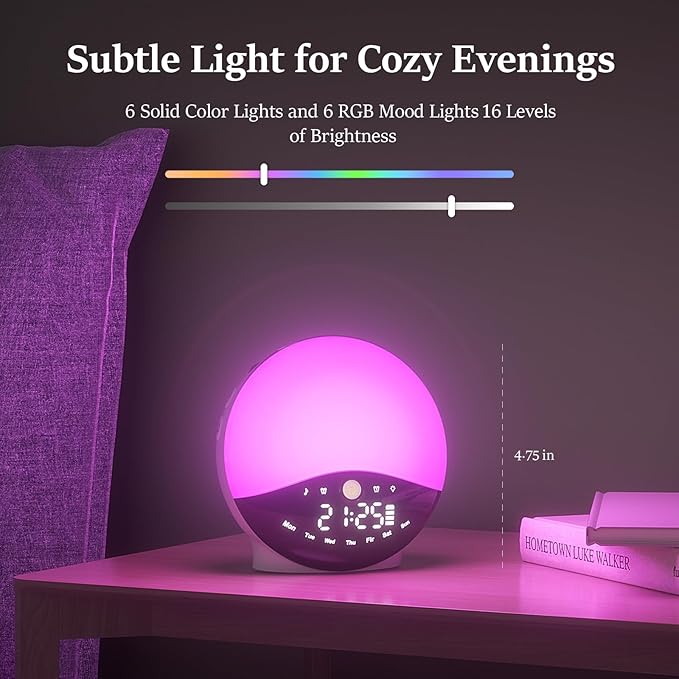 Wake Up Light Sunrise Alarm Clock for Bedrooms, Rechargeable Sound Machine Night Light, 28 Sleep Sounds, 12 Colors, Dual Alarms, White Noise Sound Machine for Baby and Adults