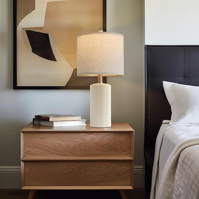 20.25" Small Single Table Lamp for Bedroom Modern Ceramic Nightstand Lamp Farmhouse Bedside Lamp Boho Living Room Lamp White End Side Table Lamp