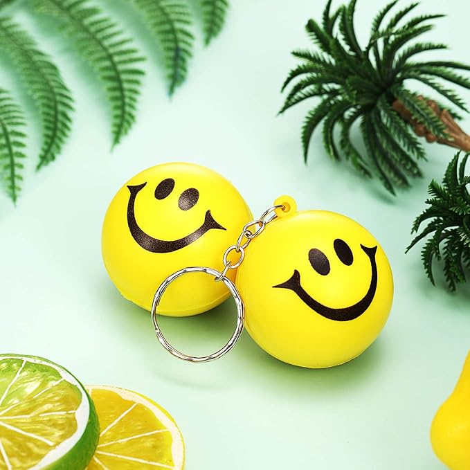 Blulu 20 Pack Smile Stress Balls Keychains Mini Foam Ball Keychains Yellow Stress Relief Gifts for Party Favors, School Carnival Reward, Birthday Party Supplies, Goodie Bag Stuffers