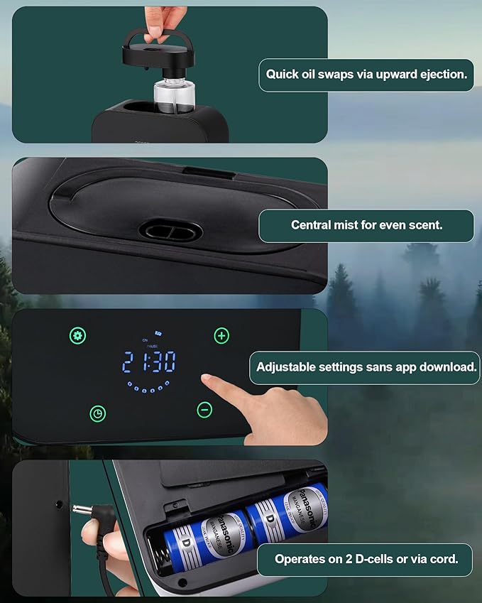 Waterless Essential Oil Diffuser, Portable Bluetooth Aromatherapy Device for Home, 24/7 Customizable Schedule, 1600 sq ft Coverage, 2×D Cell or Plug-in Powered (Dual Power-Black)