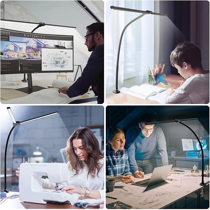 ShineTech LED Desk Lamp for Home Office, 5000K Bright Double Head Architect Task Lamps with Clamp, Dimmable Adjustable Flexible Gooseneck, Black