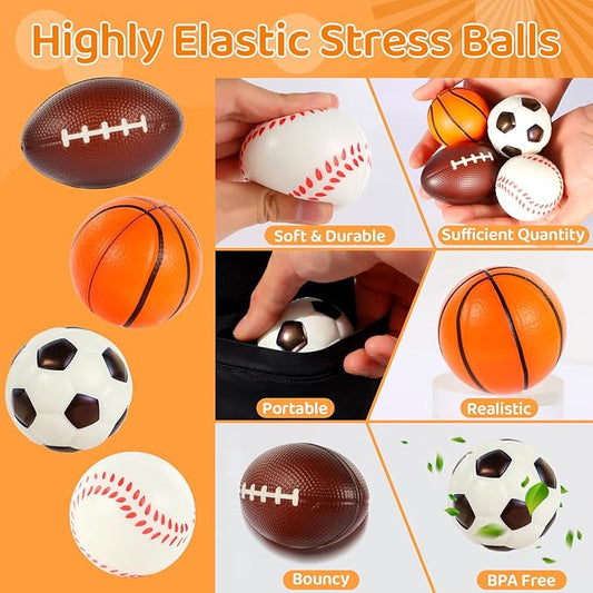 LiYiQ 24Pcs 2.36 Inch Sports Stress Balls Sports Party Favors Basketball Soccer Football Baseball Party Favors Stress Ball for Kids Classroom Exchange