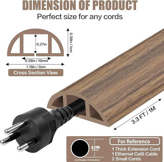 Floor Cord Cover Self Adhesive Cord Hider,3.3FT Cable Management, Extension Strip Protector for Wires, Prevent Cable Trips for Offices, Gyms, Exhibitions Cavity:0.39"(W) x0.27(H) Woodsmokedbrown