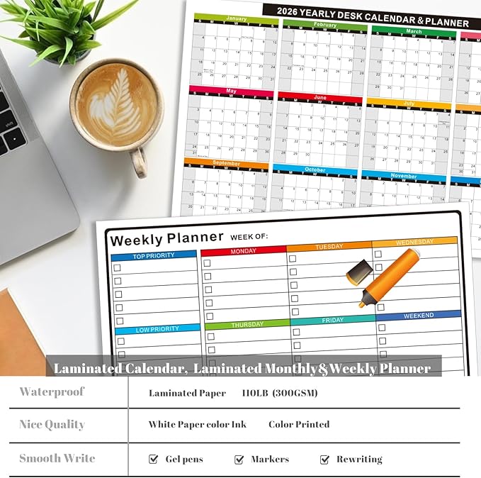 2026 Full Desk Calendar- 11 x 17 Inches,2 Pack Wall/ Desk Calendar 12 Moth of 2 Sided Vertical and Horizontal Reversible , 1 Pack Dry/Wet Erase Monthly and Weekly Planner for Office, School, Home (White)