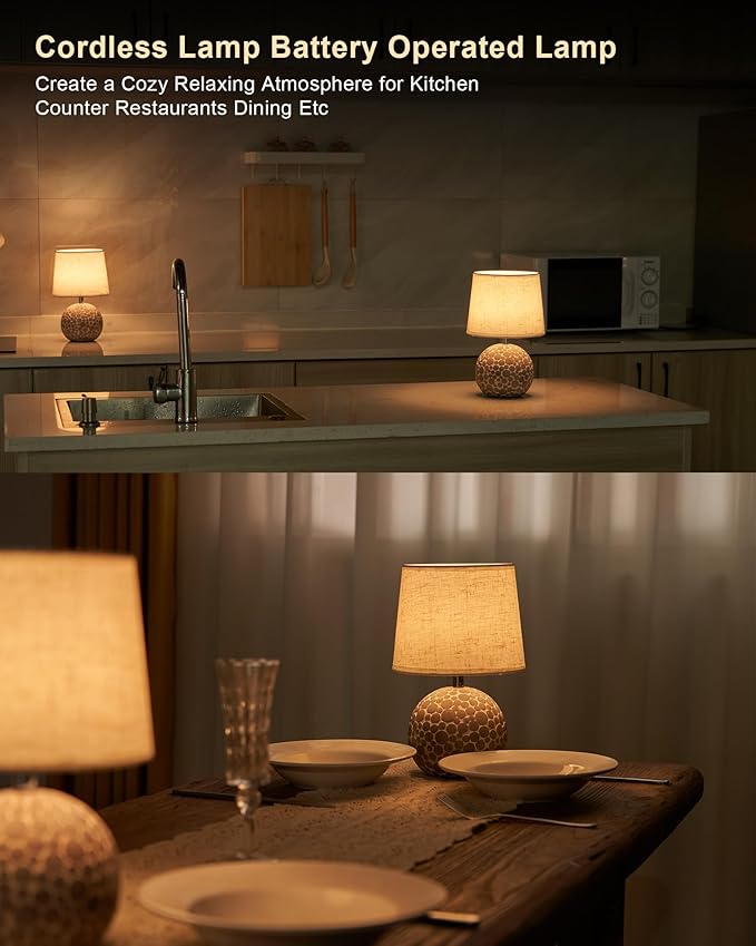 UMEXUS Ceramic Cordless Table Lamp with Timer & Remote - 11.42" Small Rechargeable Battery Operated Lamp with Linen Shade & RGB Dimmable Light for Restaurant Dining Living Bedroom Kitchen Patio Side