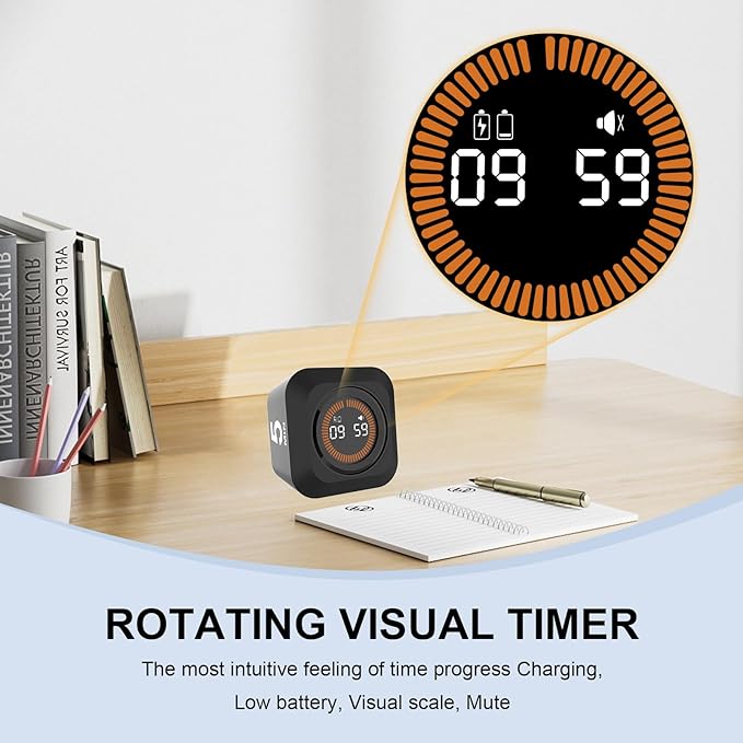 Rotating Cube Visual Timer 5, 25, 10, 50 Min Preset + Custom Countdown, Rechargeable Desk Productivity Flip Timer w/Silicone Case, Silent Mode, Ideal for ADHD Tool Study Work School (Black)