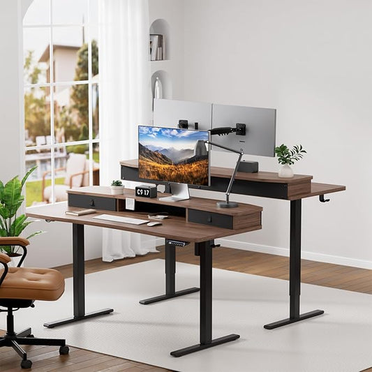 HUANUO 55" x 26" Electric Standing Desk with 2 Drawers, C-Clamp Mount Compatible, Height Adjustable Computer Desk, Home Office Stand Up Desk with 4 Preset Heights & 2 Hooks, Walnut
