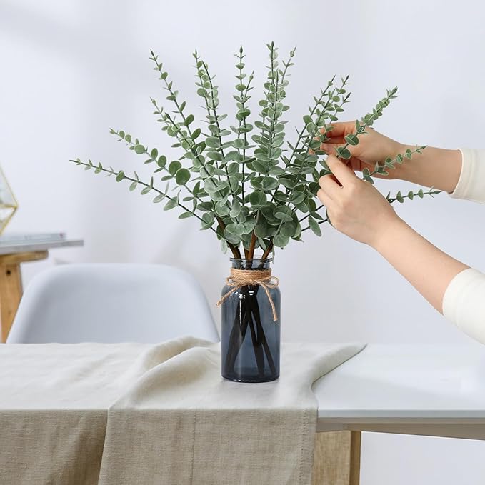 Leftover 18.8" Artificial Eucalyptus Stems in Black Glass Vase,Fake Plant Eucalyptus Plant for Centerpiece Table Decorations Black Bathroom Farmhouse Home Decor