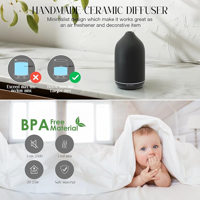 SALKING 200ml Ceramic Diffuser, Stone Essential Oil Diffuser, Ultrasonic Aromatherapy Diffusers with 7-Color LED Lights Timers, for Office Bedroom Home (Black)