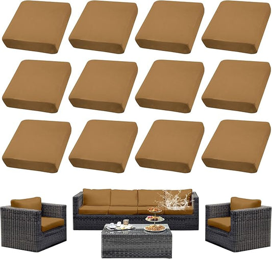 12Pcs Patio Cushion Covers Waterproof, Outdoor Cushion Covers, Stretch Couch Covers, Patio Couch Slipcovers, Patio Cushion Covers Replacement, Outdoor Chair Cushion Covers(Camel)