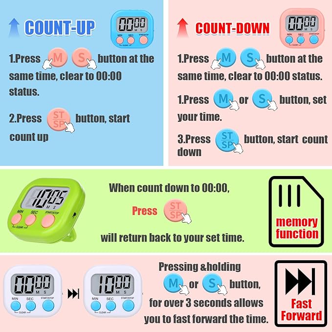 16 Packs Digital Timer Multi-Function Electronic Timers for Classroom Small Magnetic Countdown Stopwatch Mini Loud Alarm Stop Clock for Kitchen Cooking Games Meeting Study Work Baking Sports Office