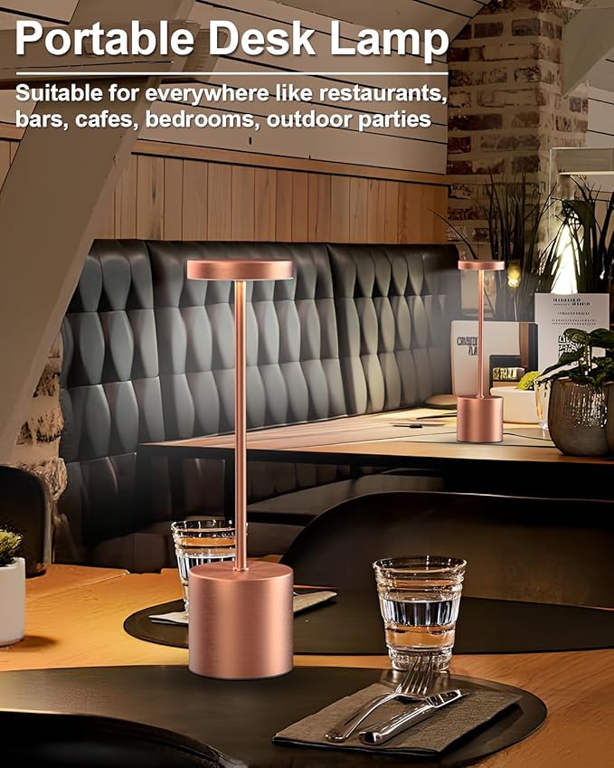 Cordless Table Lamps Rechargeable, Portable LED Desk Lamp, 5000mAh Battery Powered Wireless Table Light - 3 Color Dimmable Lighting for Restaurant Dining Patio Outdoor Bedroom(Rose Gold)