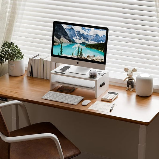 Marbrasse Monitor Stand Riser, 16.5 Inch 2 Tier Computer Printer Shelf Stand for Laptop Computer Screen Storage, Desktop Stand with Phone Holder and Cable Management (White)