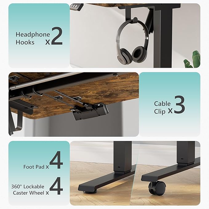 55 x 24 inch Electric Standing Desk Adjustable Height with 4 Wheels, 4 Memory Height Settings, 2 Headphone Hook, for Home Office, Splice Board Brown