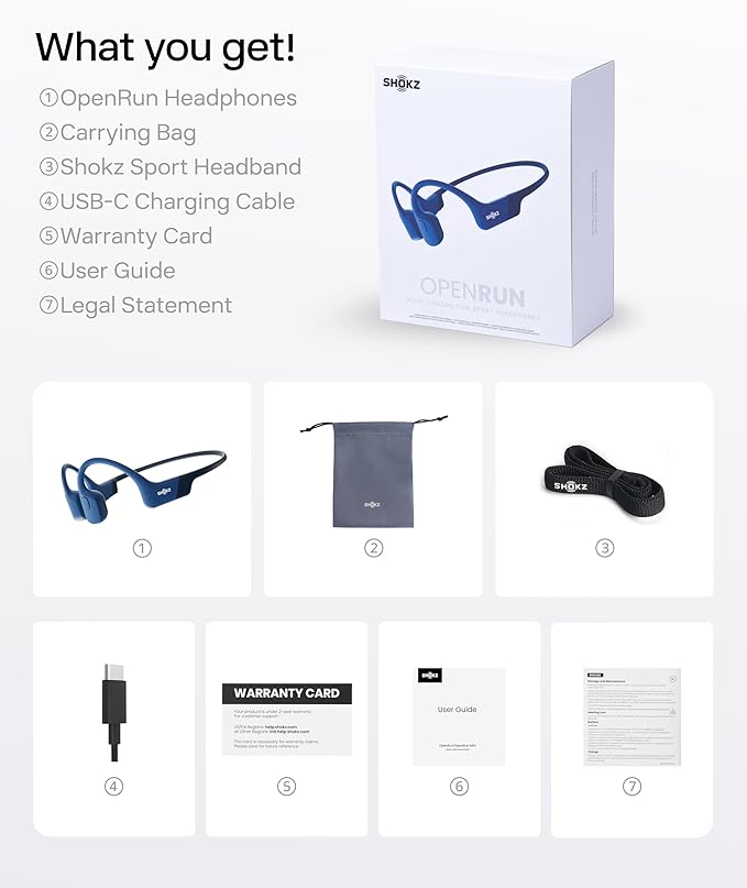 SHOKZ OpenRun with USB-C Charging - Open-Ear Bluetooth Bone Conduction Sport Headphones - Sweat Resistant Wireless Earphones for Workouts and Running - Built-in Mic, with Hair Band - Standard - Blue