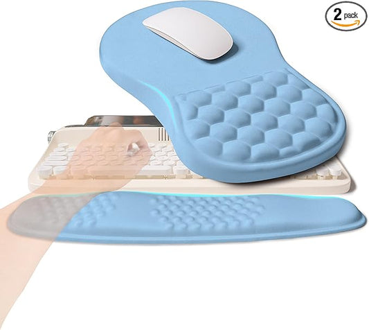 2-in-1 Ergonomic Set, Wave Rise Keyboard Wrist Rest and Massage Bulge Slope Mouse Pad Wrist Support, Cushion Memory Foam Integrated to Relieve Wrist Pain, Lake Blue