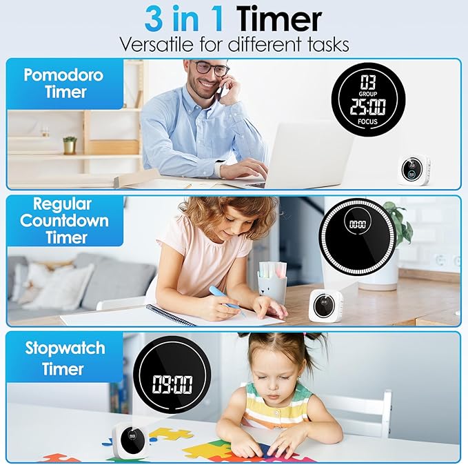 99-Minute Visual Timer with Pomodoro Timer Productivity Focus Timer Countdown Stopwatch Desk ADHD for Study, Work, Student, Procrastination, Loud Alarm/Mute/Vibration, 2 Brightness Levels