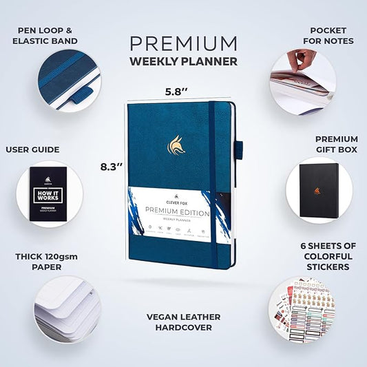 Clever Fox Planner Premium Edition – Undated Luxurious Weekly & Monthly Planner to Increase Productivity and Hit Your Goals – Organizer – Start Anytime, A5, Lasts 1 Year, Mystic Blue (Weekly)
