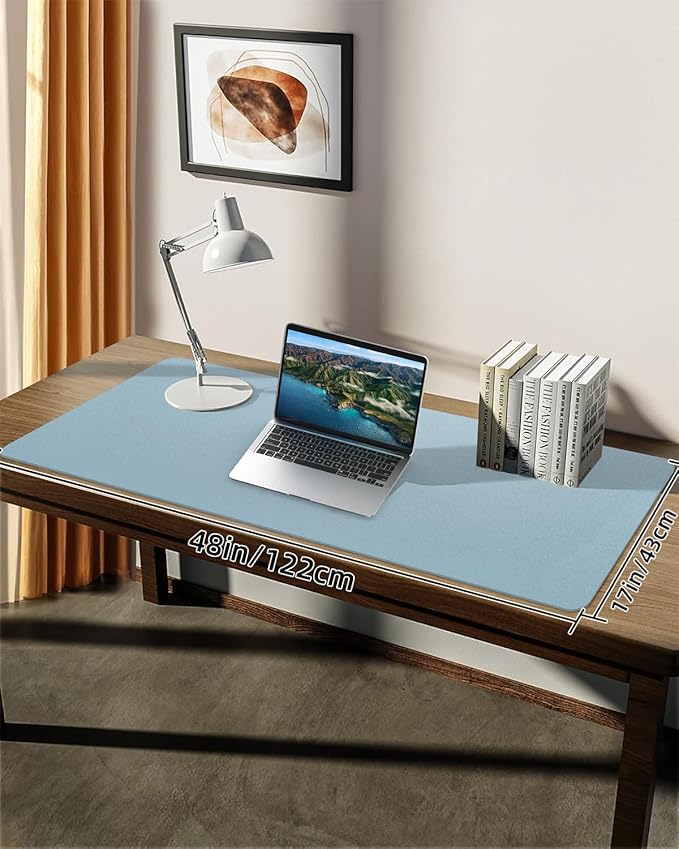 Leather Desk Pad Protector, Large Mat, Mouse Pad & Keyboard Cover - Non-Slip PU Leather Blotter - Office & Home (Light Blue, 48" x 17")