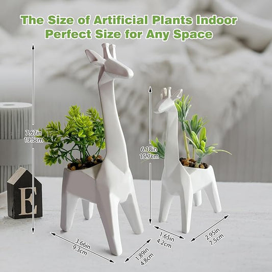 2PCS Cute Artificial Mini Succulent Plants with Creative Giraffe Shaped Pots, Desk Plant for Office Decor for Women,Small Fake Plants for Shelf Desk,Bathroom,Tabletop Decor (White)