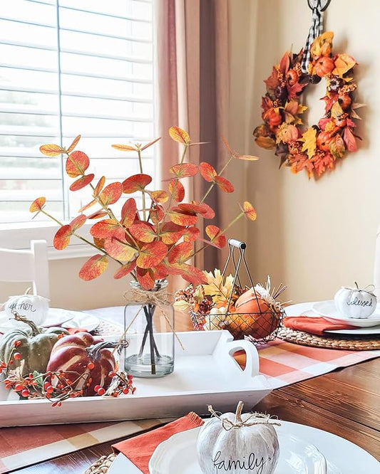 Fall Artificial Eucalyptus Stems in Glass Vase with Faux Water 14" Autumn Eucalyptus Branches Fall Home Table Decor Fake Fall Plants Stems for Farmhouse Kitchen Bathroom Decorations