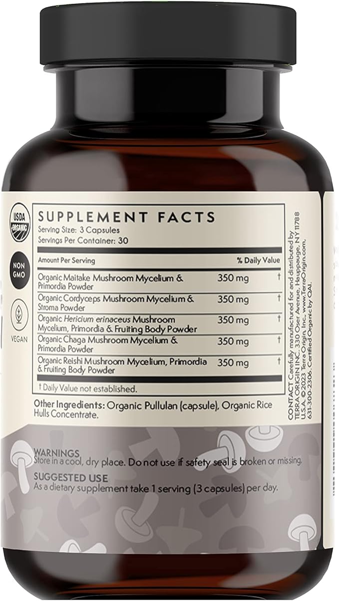 TERRA ORIGIN Healthy Mushroom Complex Supplement | 90 Capsules | Reishi, Lions Mane, Changa, Cordyceps, Maitake | Immune & Nootropic Brain Support | Certified USDA Organic, Non GMO, Vegan