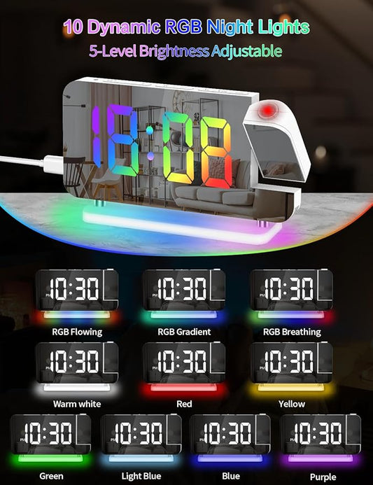 Projection Alarm Clock, Digital Colorful Clock with 180° Rotatable Projector, Mirror Clocks with RGB Night Light,Snooze,12/24H, Dual Charger Port, Auto Dimmer, LED Desk Clock for Bedroom