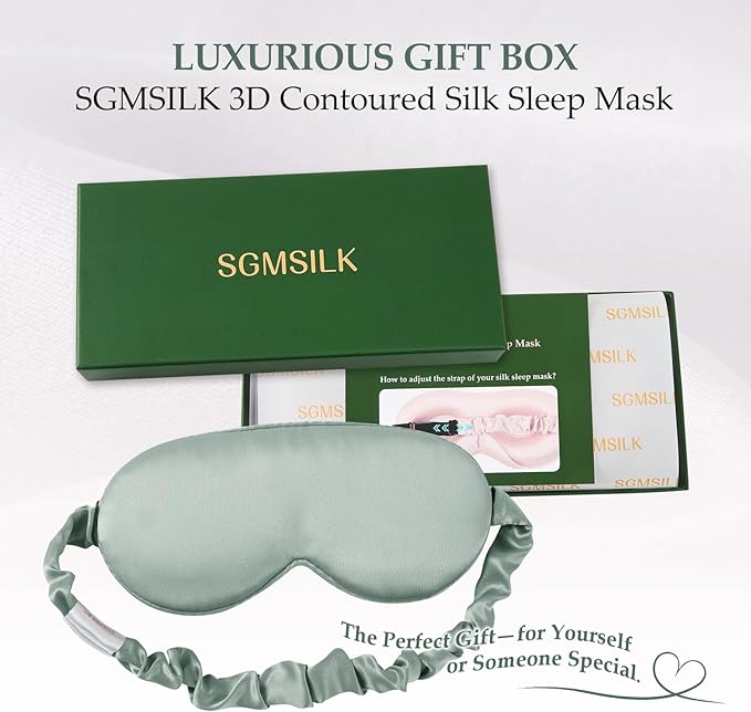 100% Mulberry Silk Sleep Mask for Unisex, 22 Momme 3D Silk Contoured Eye Mask, Breathable Light Blocking Blindfold with Adjustable Strap, Blackout Eye Cover for Travel, Grayish Green