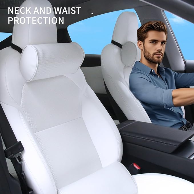 Lumbar Support Pillow for Car Seat and Office Chair, Gaming Chair, Ergonomic Memory Foam Back Cushion Lower Back Pain Relief, Luxury Leather Back Support Pillow, White, 1 Pack