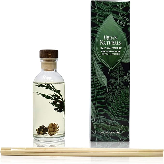 Urban Naturals Balsam Forest Reed Diffuser Oil Set - Real Juniper and Pine Cones β Fragrance Notes of Fraser Fir, Evergreen, Pine, Woodsy Cedar and Sandalwood β Vegan 3.75 Ounces β Made in The USA