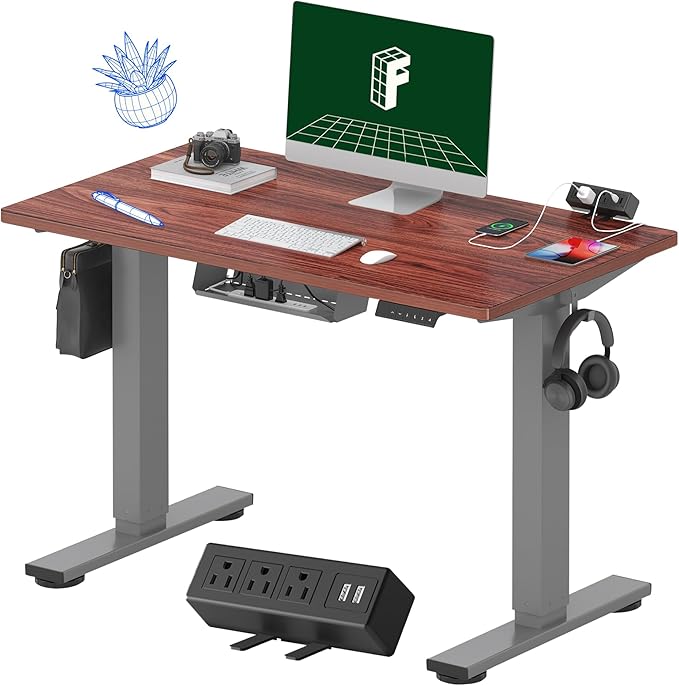 FLEXISPOT EN2 Whole-Piece Standing Desk with Clamp Power Strip, 40 x 24'' Electric Stand Up Height Adjustable Desk with Cable Management (Gray Frame + 40" Mahogany Top, 2 Packages)