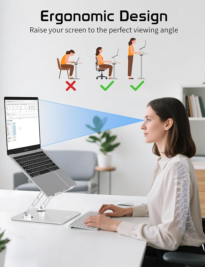 Aluminum Laptop Stand for Desk – Adjustable Ergonomic Laptop Riser, Foldable & Portable Holder Fit for MacBook & 10"-16" Laptops for Office, Home & Travel,Silver