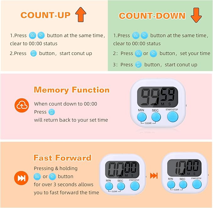 12 Pack Digital Kitchen Timers for Cooking, Small Magnetic Countdown Classroom Timers for Teachers Kids, Big Digits Loud Alarm Backing Stand Timer for Kitchen, Shower, Study, Work, Exercise Training