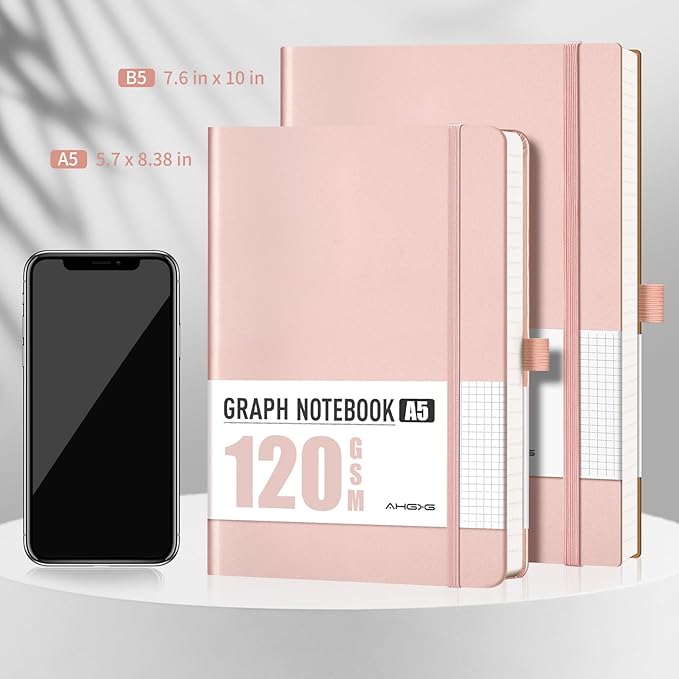 AHGXG Graph Paper Notebook - Grid Notebook Journal A5, 120 GSM Thick Graph Paper, 160 Pages, Leather Hardcover, for Graphing, Writing, Math, Engineering, 5.75'' × 8.38''- Rose Gold