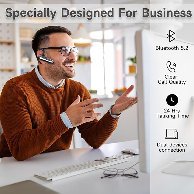 EUQQ Bluetooth Headset, Wireless Earpiece with Microphone 24 Hrs Talk Time Noise-Canceling Driving Headset for Trucker Hand-Free Headphones, Bluetooth Earpiece for Driving/Leisure/Work (Black)